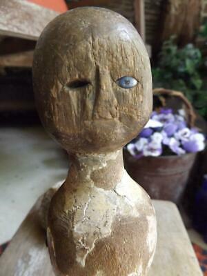 Primitive Antique 1700s Hand Carved Wood Doll Blue Glass Eye Eaton Ohio Estate