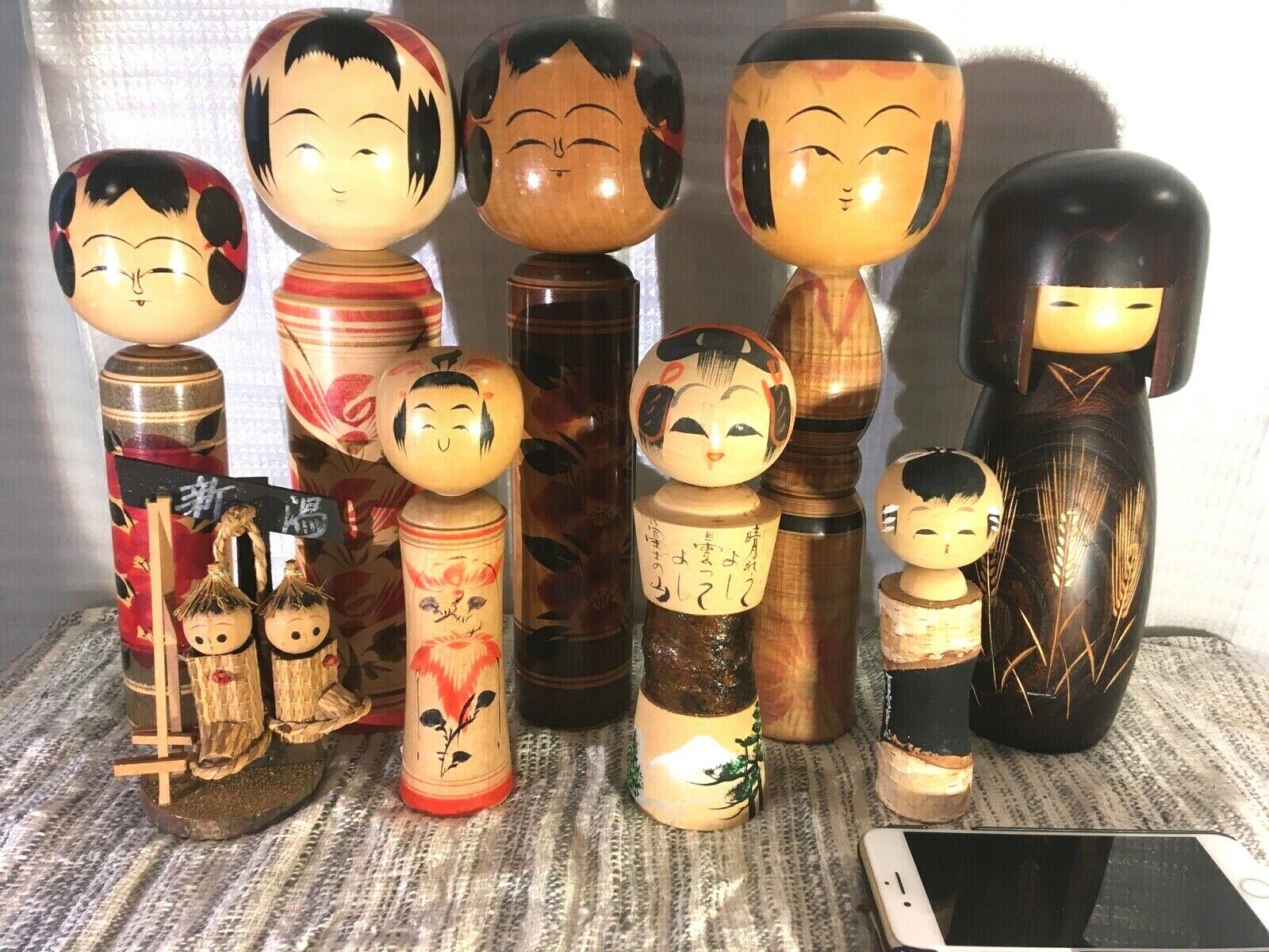 Japanese Vintage Wooden Sosaku Kokeshi Dolls Lot Of 9 Set  Antique