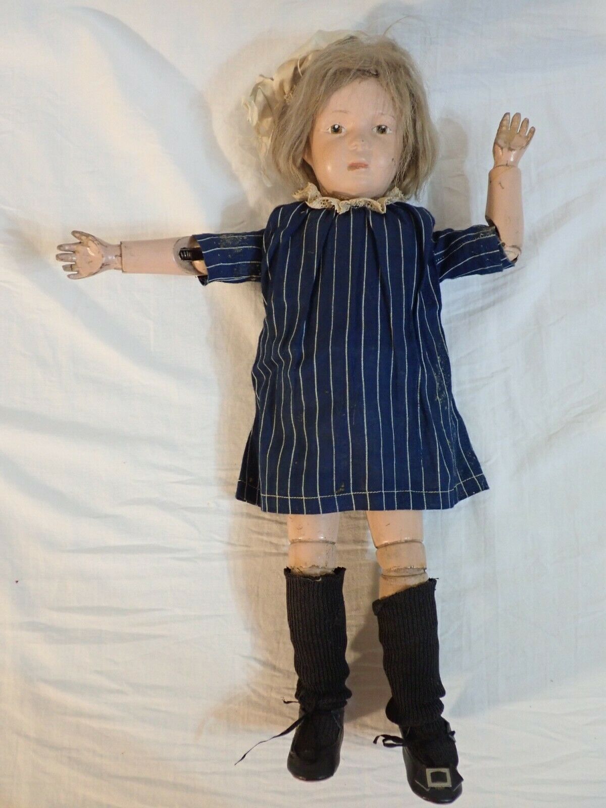 Antique 16" Schoenhut Jointed Wood Body Girl Doll W/ Blue Pinstripe Dress